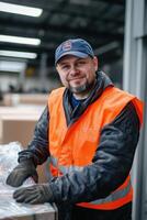 A smiling man in an orange vest and safety glasses photo