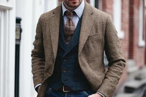A stylish man dressed in a brown tweed blazer over a gray vest and a checkered shirt, showcasing a sophisticated and fashionable look. photo