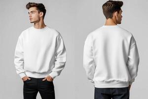 Two men wearing white sweatshirts and jeans photo