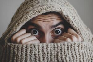 A person covered in a blanket with their eyes open photo