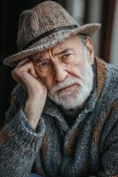 An older man with a beard and hat sitting in a chair photo