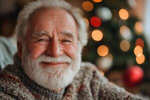 A smiling older man with a beard and a christmas tree in the background photo