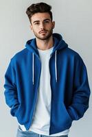 Young man in blue hoodie and jeans posing for the camera photo