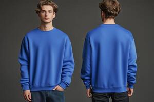 Two men wearing blue sweatshirts mockup photo