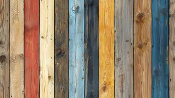 A colorful wooden wall featuring vertical planks in various shades including red, blue, yellow, and natural wood tones. The texture of the wood is visible, showcasing knots and grains. photo