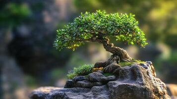 A beautifully shaped bonsai tree with lush green leaves, perched on a rocky surface. The background features a soft focus of natural greenery, creating a serene atmosphere. photo
