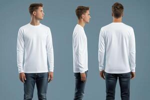 Three different views of a man wearing a white t - shirt photo