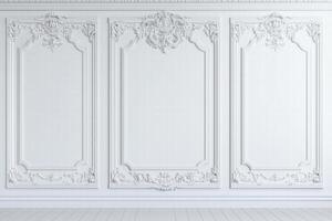 Elegant white wall with intricate moldings and decorative panels, showcasing a classic architectural design. photo