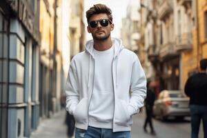 A man in a white hoodie and sunglasses standing on a street photo