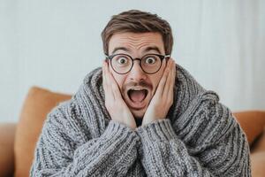 A man in glasses and a sweater is surprised photo