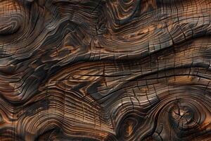 Textured wooden grain surface with dark, charred patterns and natural grain lines, showcasing the beauty of burnt wood. photo