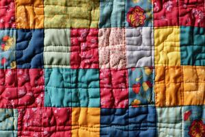 A close up of a colorful patchwork quilt photo