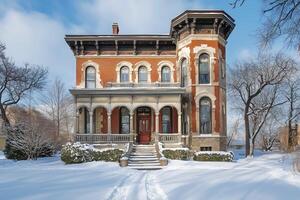 A historic brick Italianate house style mansion with a turret, surrounded by snow-covered grounds. The house features ornate architectural details, large windows, and a welcoming front porch. photo