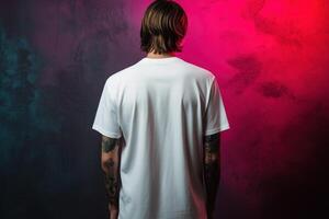 A man in a white t - shirt standing in front of a colorful wall photo