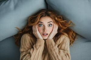 A woman is looking up at the camera while laying on a bed photo