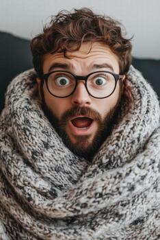 A man with glasses and a beard is wrapped in a blanket photo