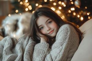 A young girl is wrapped in a blanket and smiling photo