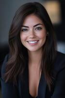 A young sales manager woman with long, dark hair and a warm smile, wearing a black blazer. The background is softly blurred, emphasizing her friendly expression and professional appearance. photo