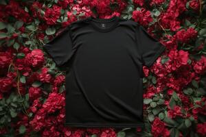 Black t-shirt mockup on red flowers photo
