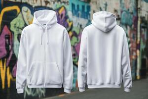 White hoodie mockup with graffiti wall photo