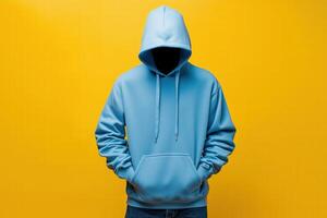 A faceless person wearing a light blue color hoodie mockup with hands in pockets, standing against a bright yellow background. Sweatshirt long sleeve for print. photo