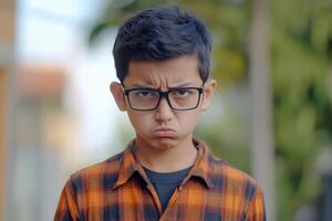 A young boy with glasses on making a face photo