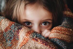 A young girl hiding behind a blanket photo