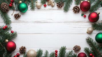 A festive arrangement of Christmas decorations including red and green ornaments, pine cones, and holly berries on a white wooden background. Christmas texture background. photo