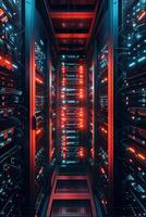 Futuristic data center with rows of servers illuminated by red and blue lights. The perspective creates a tunnel effect, emphasizing the depth of the server racks. photo
