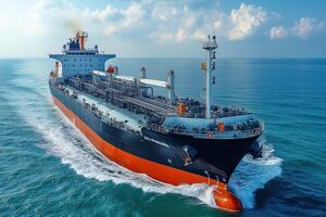 A large cargo ship navigating through calm blue waters under a bright sky with fluffy clouds. The ship features a dark hull and a prominent superstructure, showcasing its industrial design. photo