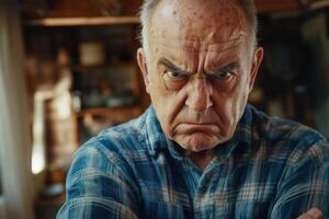 An angry old man with a checkered shirt photo