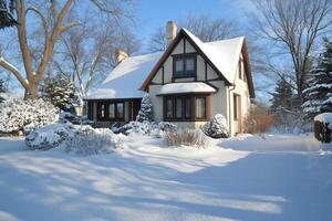 A charming Cottage house covered in snow, surrounded by trees and shrubs. The scene captures a serene winter landscape with a clear blue sky and soft sunlight illuminating the snow. photo