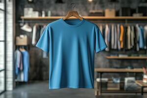 Blue t - shirt hanging on a hanger in a clothing store photo
