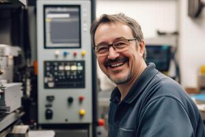 A smiling CNC machine operator with glasses in a workshop setting, working on machinery. He appears friendly and engaged, surrounded by industrial equipment and a control panel in the background. photo