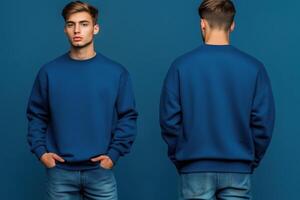 Two men in blue sweatshirts standing side by side photo