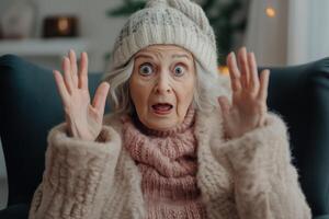An older woman in a knitted hat is surprised photo