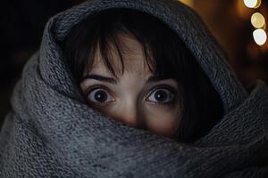A woman is hiding behind a blanket photo
