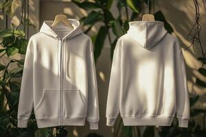 Two hoodies mockup on a wall photo