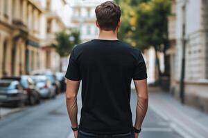 Man in black t - shirt standing on street photo