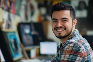 A young man designer with a beard and a friendly smile, wearing a plaid shirt, sitting at a desk with a computer and art supplies in a creative workspace. photo
