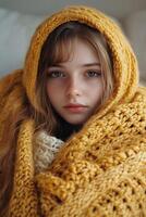 A young girl wrapped in a yellow knitted blanket photo