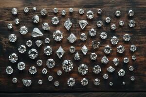 A collection of various sparkling gemstones arranged on a wooden surface, showcasing different shapes and sizes, reflecting light beautifully. photo