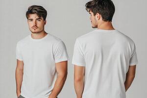 Two men wearing white t - shirts on a gray background photo