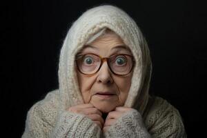 An old woman wearing a sweater and glasses photo