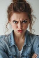 A young woman with curly hair and an intense expression, wearing a denim jacket. She has her arms crossed and appears to be upset or angry, with a furrowed brow and pursed lips. photo
