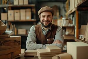 A smiling man in a warehouse with boxes photo