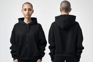 Two women wearing black hoodies with hoods photo