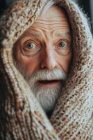 An old man wrapped in a blanket photo