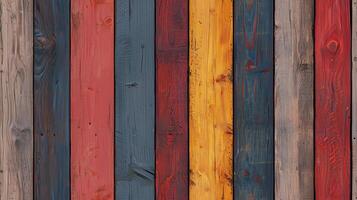 Vertically arranged wooden planks in various colors including red, blue, yellow, and natural wood tones. The texture of the wood is visible, showcasing knots and grain patterns. photo