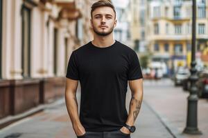 A man in a black t - shirt standing on a street photo